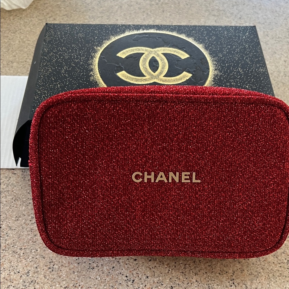 CHANEL Red Glitter Cosmetic Bag